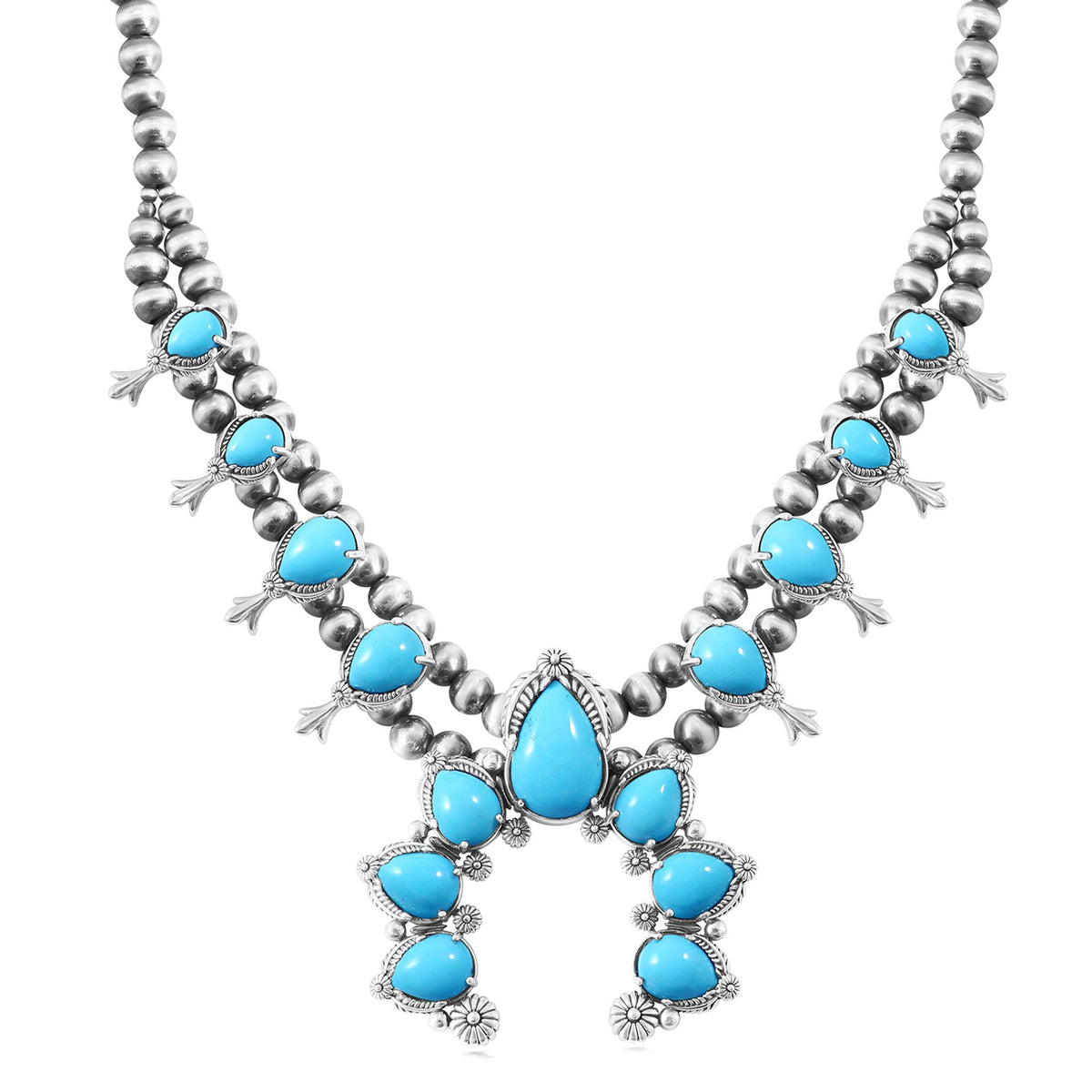 Sterling Silver Kingman Turquoise 8-Station Pear Squash Blossom Necklace, 17 to 20 Inches