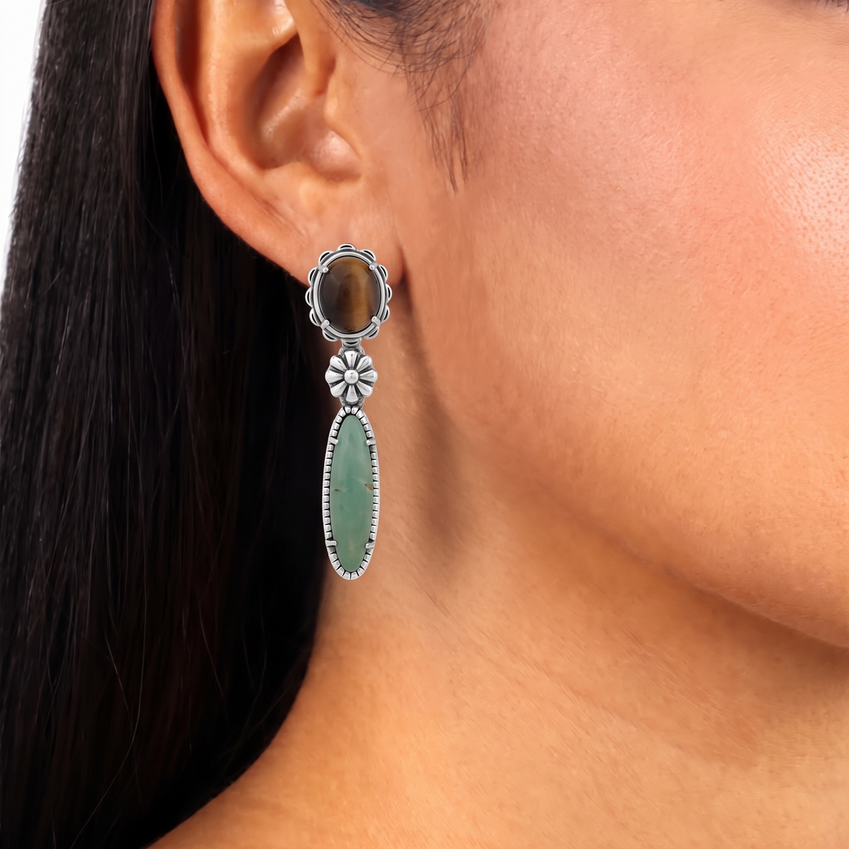 Sterling Silver Tiger's Eye Green Turquoise Oval Cabochon Dangle Earrings