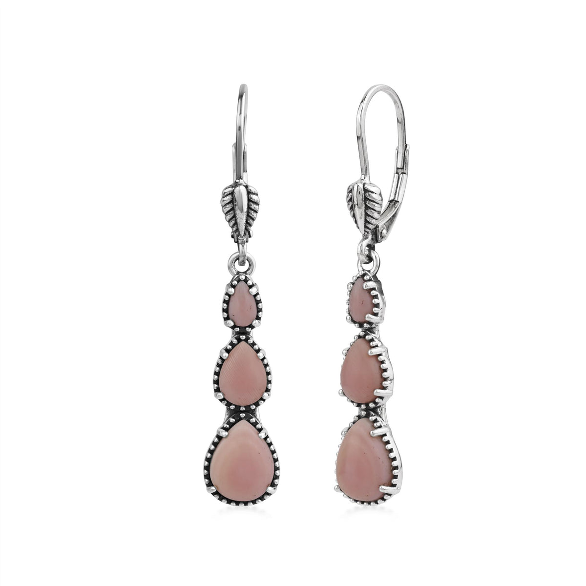Sterling Silver Pink Concha Shell 3-Pear Drop Lever Back Earrings