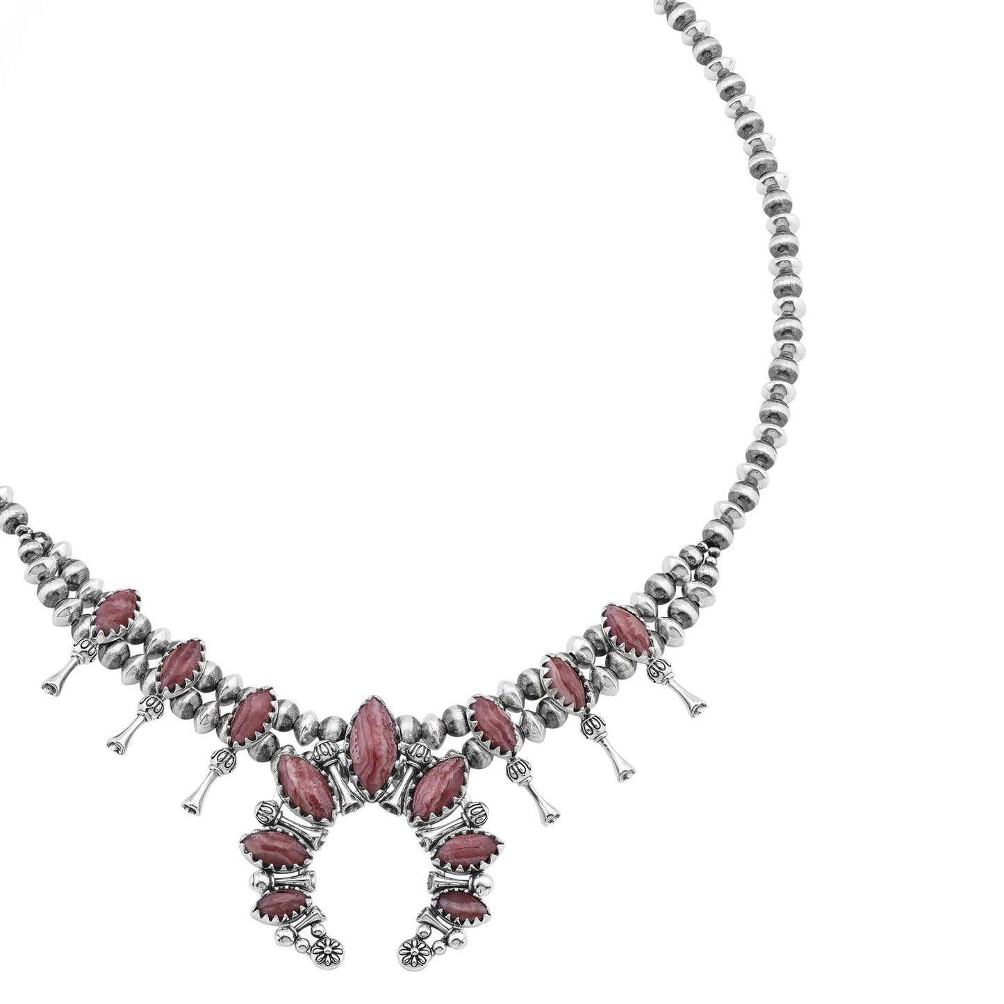  Sterling Silver Rhodochrosite Marquise-Cut Squash Blossom Necklace 