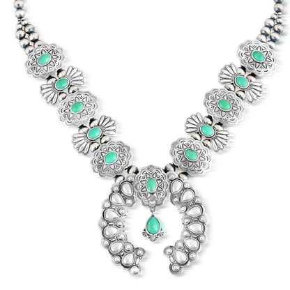 Sterling Silver Green Turquoise Concha Butterfly Squash Blossom Necklace