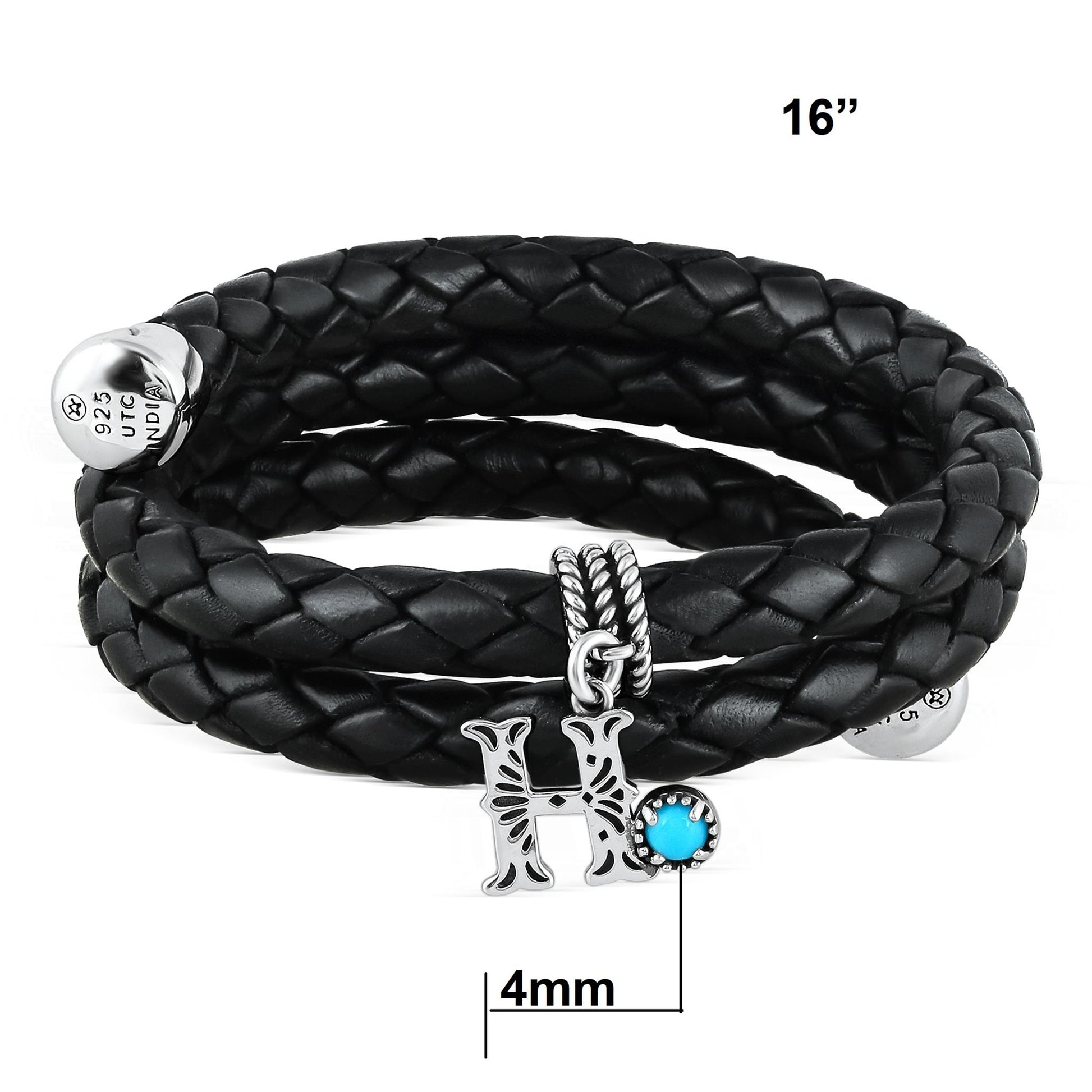 Sterling Silver Sleeping Beauty Turquoise Black Leather Initial "H" Coil Bracelet