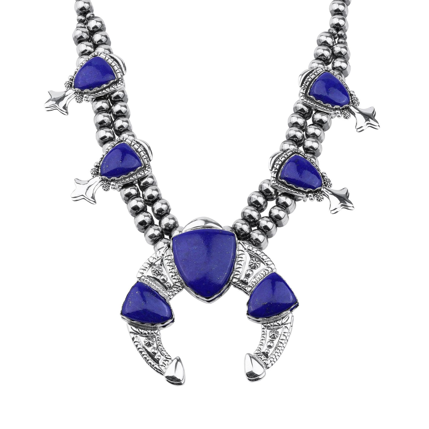LIMITED EDITION! Sterling Silver Lapis Arrowhead Squash Blossom Statement Necklace