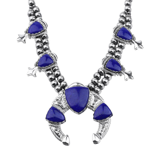 LIMITED EDITION! Sterling Silver Lapis Arrowhead Squash Blossom Statement Necklace