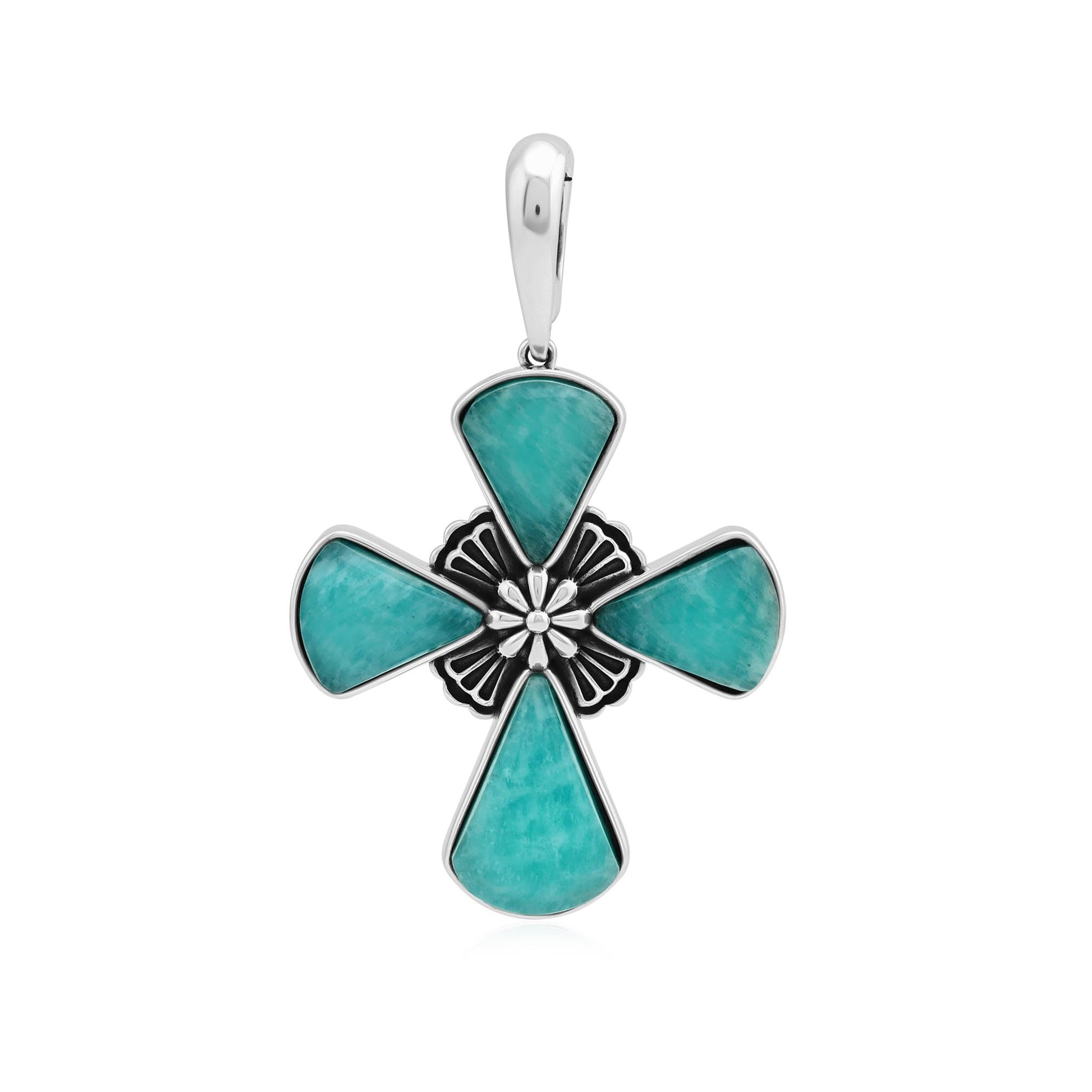 Sterling Silver Amazonite Gemstone Concha Cross Pendant Enhancer 