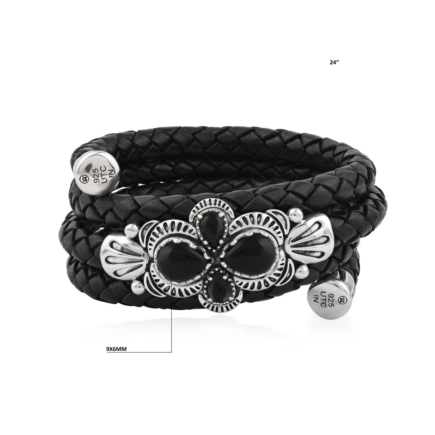  Sterling Silver Black Onyx Pear Cluster Black Leather Wrap Bracelet 