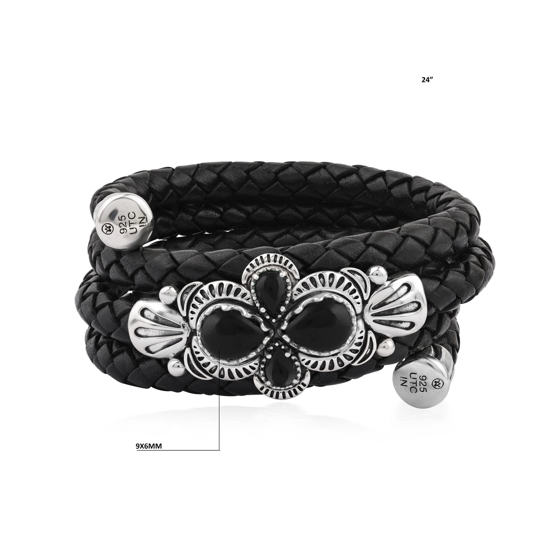  Sterling Silver Black Onyx Pear Cluster Black Leather Wrap Bracelet 