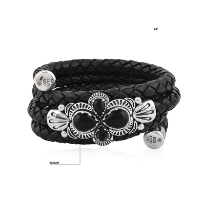  Sterling Silver Black Onyx Pear Cluster Black Leather Wrap Bracelet 