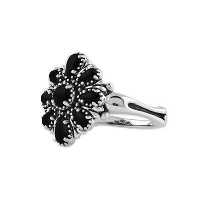  Sterling Silver Black Onyx Flower Cluster Ring