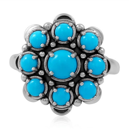 LIMITED EDITION! Sterling Silver Sleeping Beauty Turquoise Round Cut Flower Cluster Ring