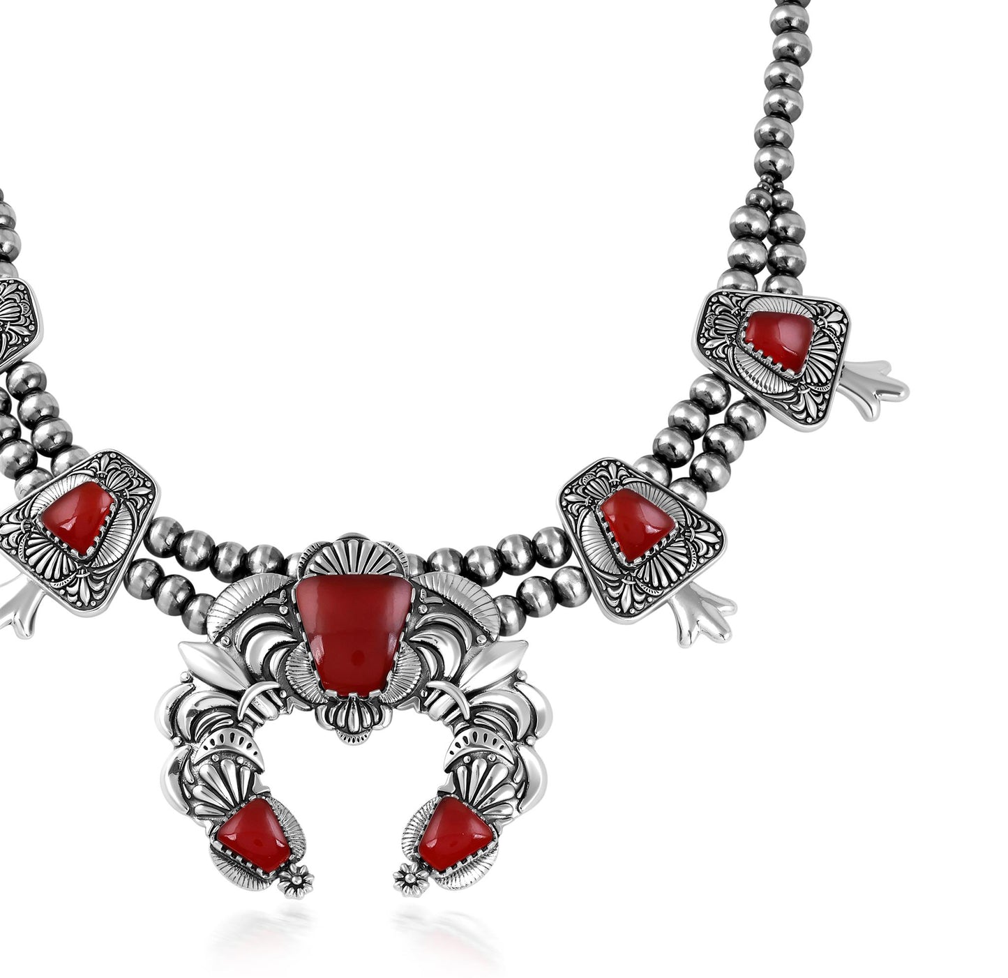 LIMITED EDITION! Sterling Silver Red Onyx Trapezoid Squash Blossom Necklace