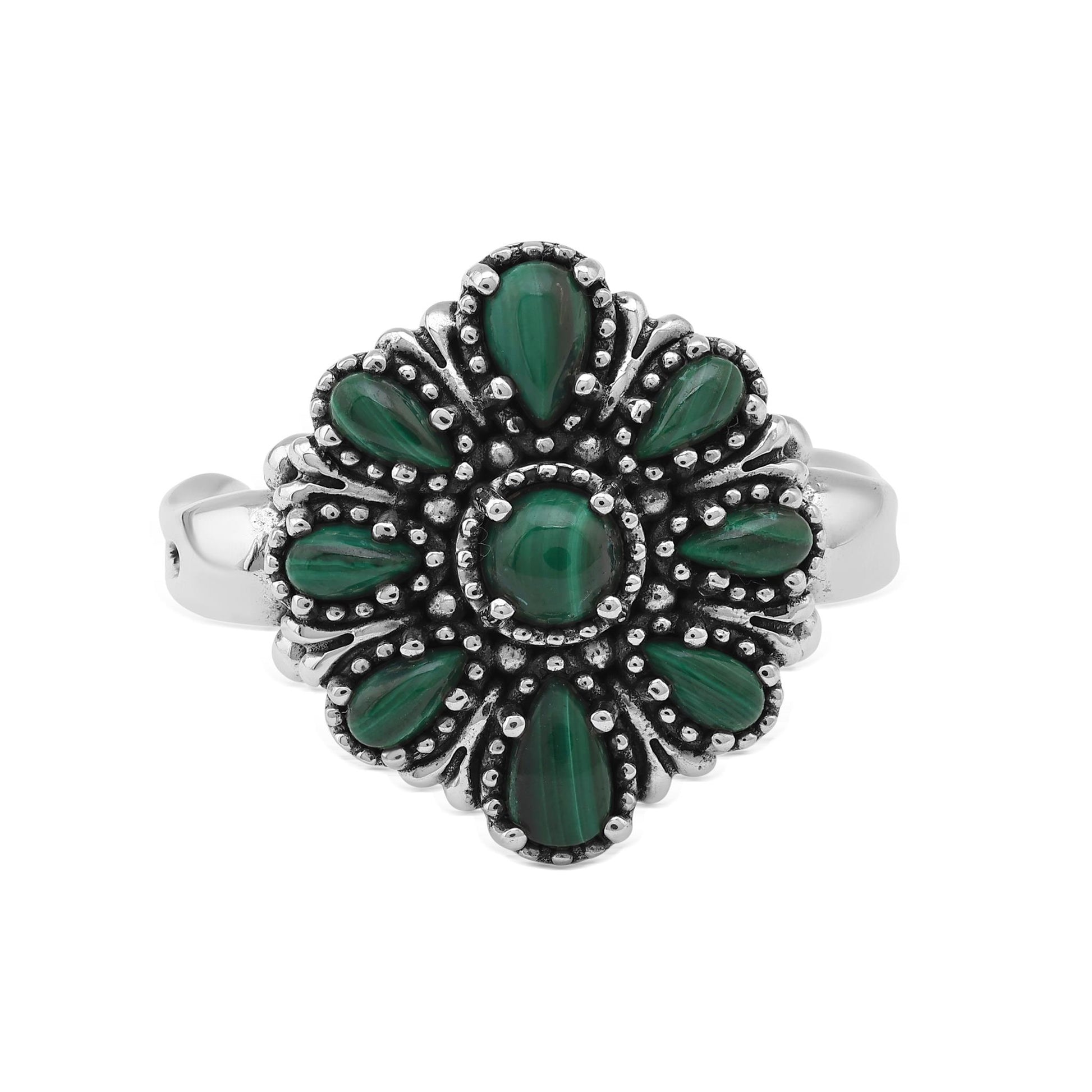  Sterling Silver Malachite Flower Cluster Ring, Sizes 5 to 10