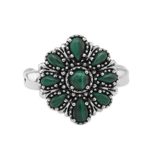  Sterling Silver Malachite Flower Cluster Ring, Sizes 5 to 10
