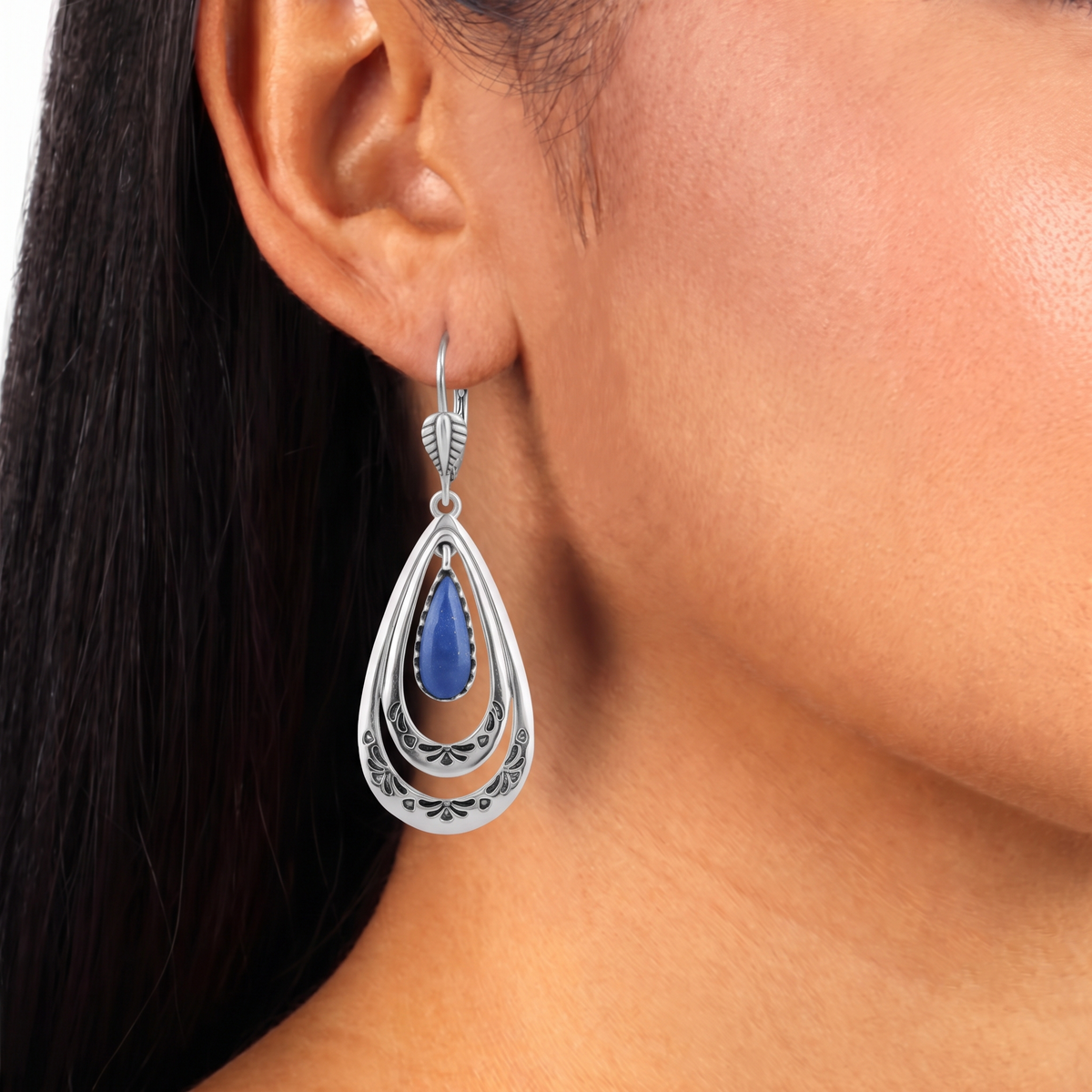 Sterling Silver Lapis Open Teardrop Lever Back Earrings