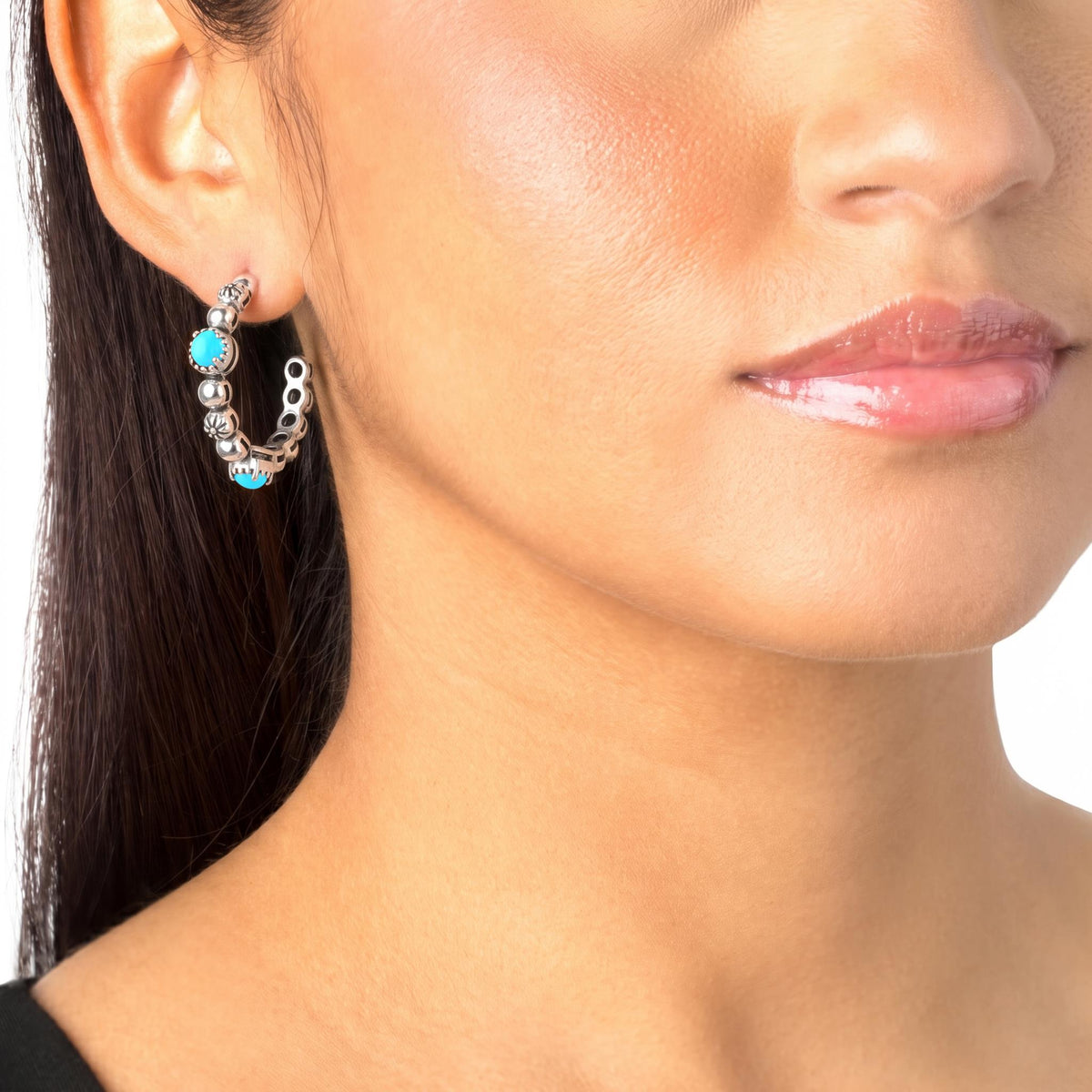 Sterling Silver Sleeping Beauty Turquoise 1 Inch Concha Hoop Earrings