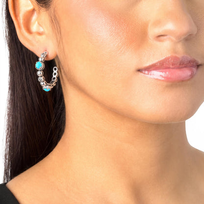Sterling Silver Sleeping Beauty Turquoise 1 Inch Concha Hoop Earrings