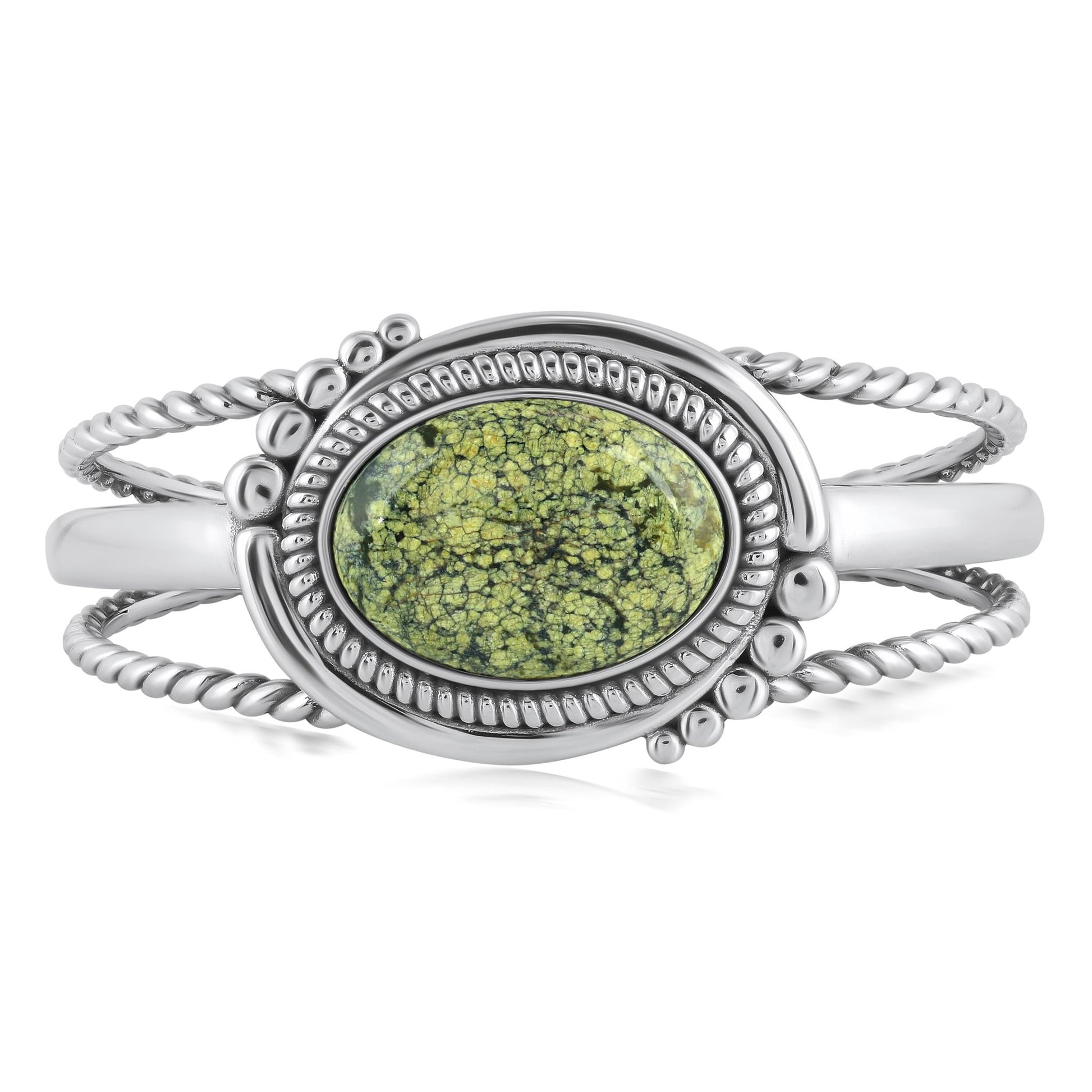 Sterling Silver Spiderweb Serpentine Bold Oval Gemstone Rope Cuff Bracelet