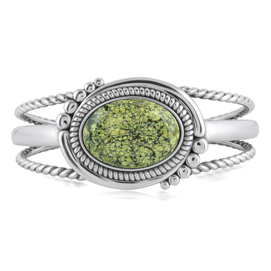 Sterling Silver Spiderweb Serpentine Bold Oval Gemstone Rope Cuff Bracelet
