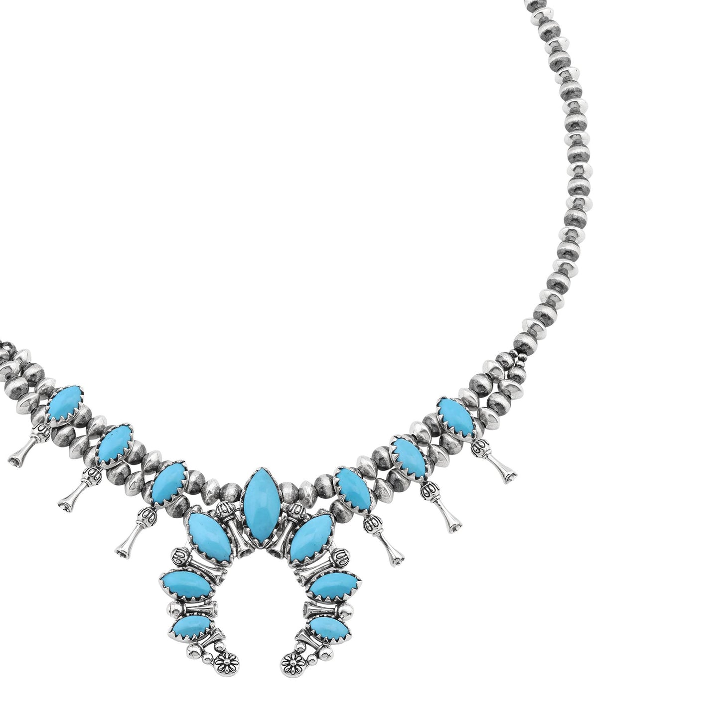  Sterling Silver Sleeping Beauty Turquoise Marquise-Cut Squash Blossom Necklace 