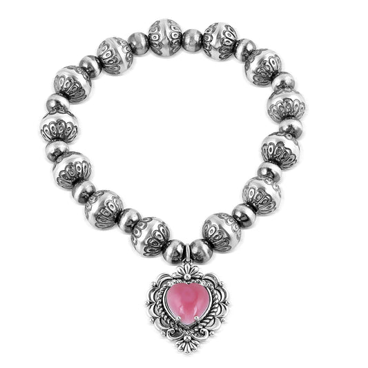 Sterling Silver Pink Concha Shell Heart Charm Bead Bracelet