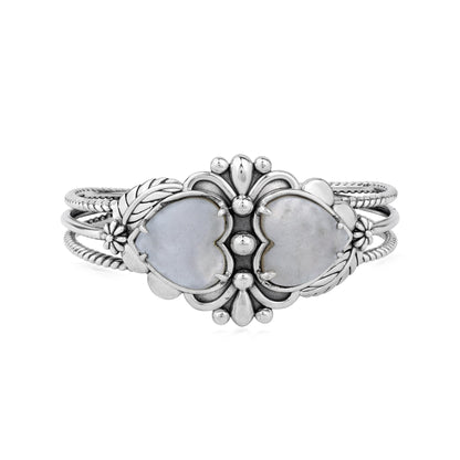 EXCLUSIVELY OURS! Sterling Silver White Mother of Pearl Double Heart Cuff Bracelet, Sizes Small to Large