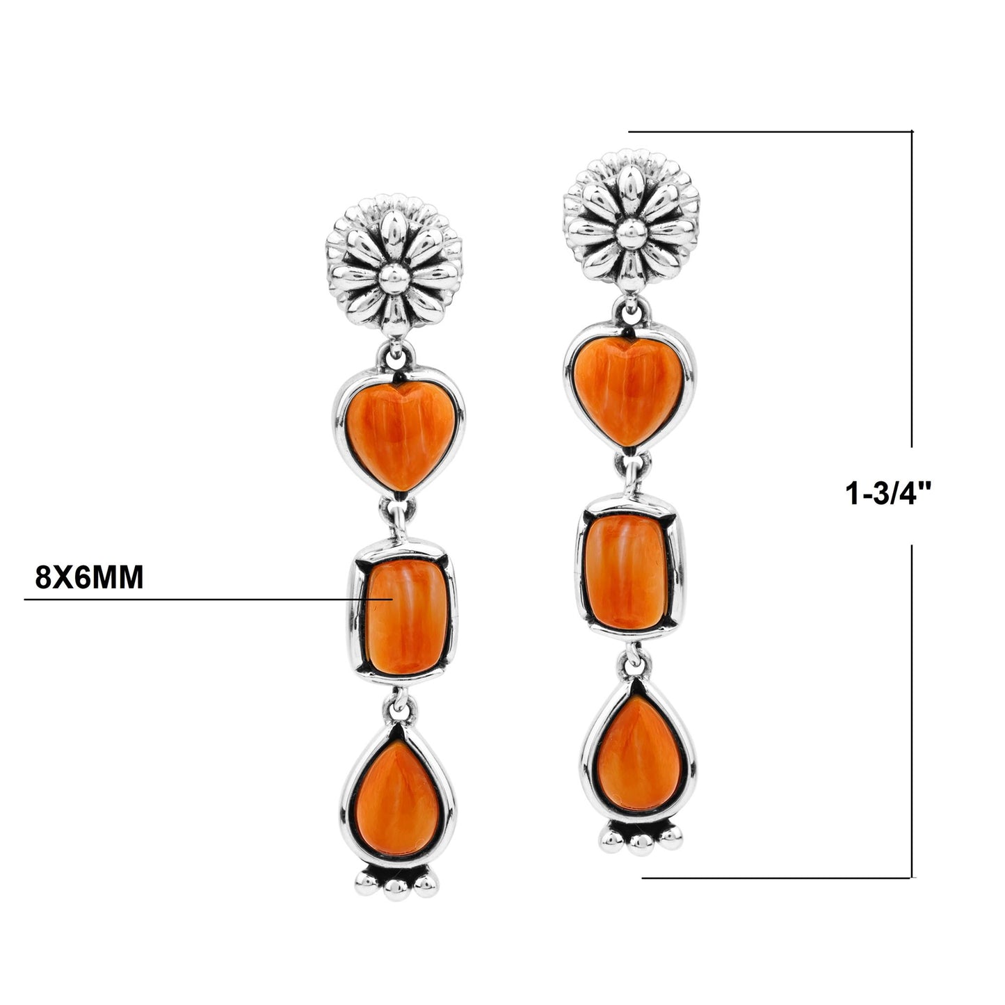 Sterling Silver Orange Spiny Oyster Gemstone Heart, Rectangle and Pear Concha Post Dangle Earrings 