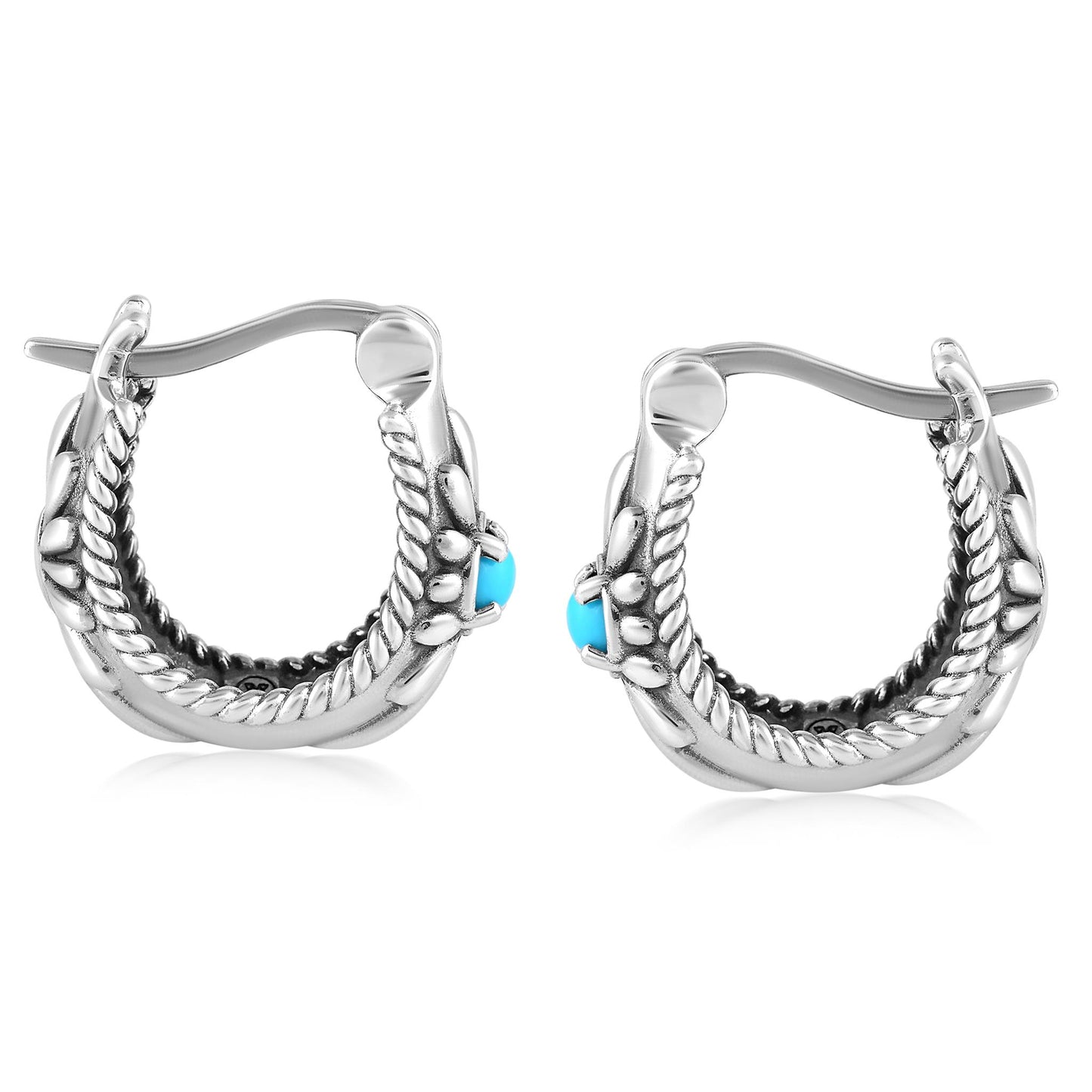 EXCLUSIVELY OURS! Sterling Silver Sleeping Beauty Turquoise Rope and Flower Design Hoop Earrings