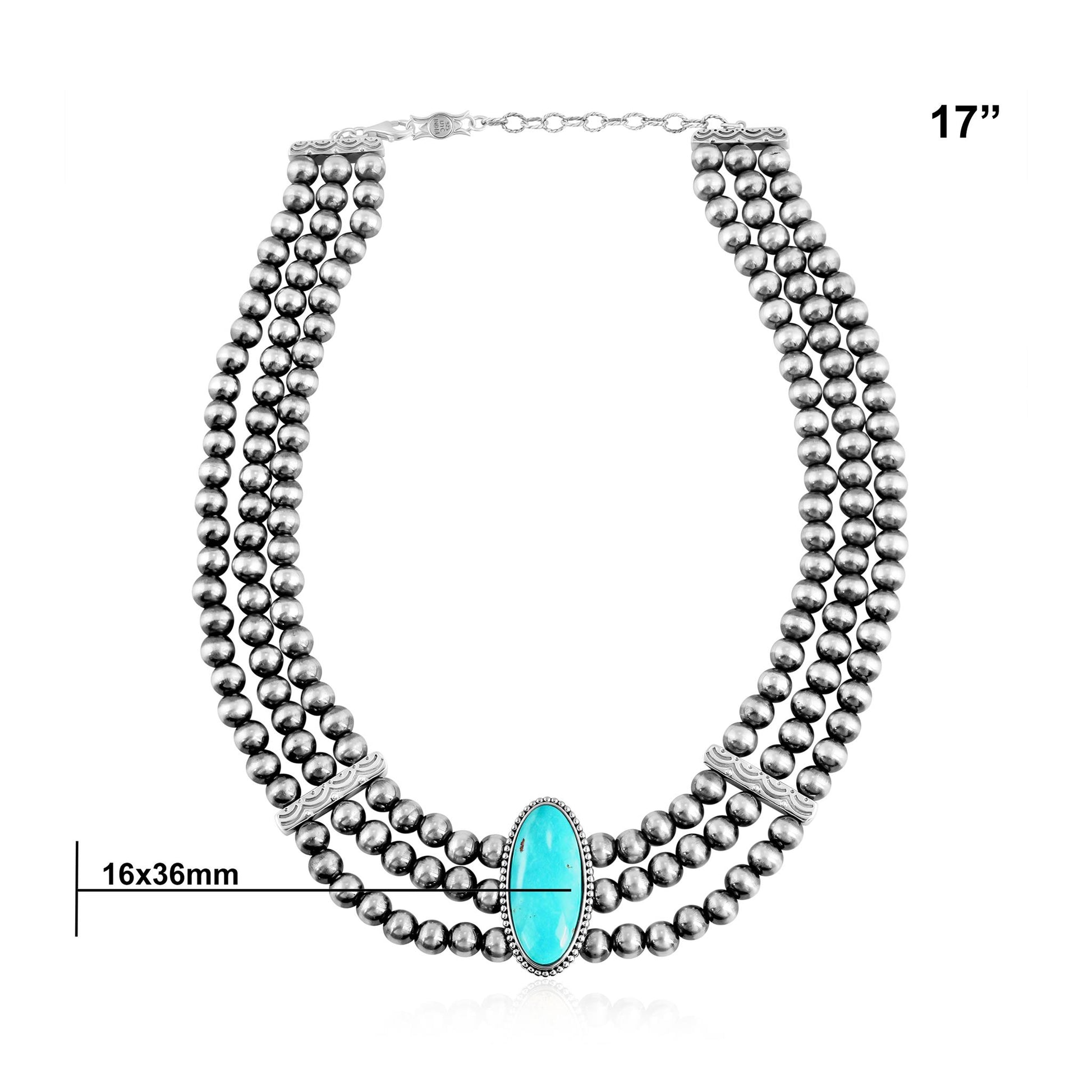 Sterling Silver Kingman Turquoise Oval Cut Triple-Row Beaded Necklace, 17 to 20 Inches