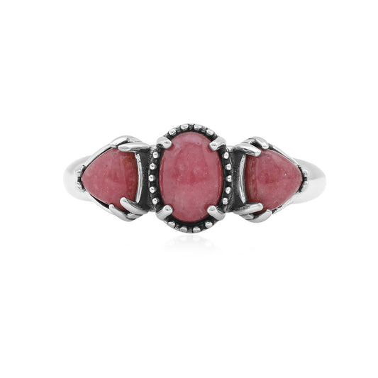  Sterling Silver Rhodonite Oval and Trillion 3-Stone Ring