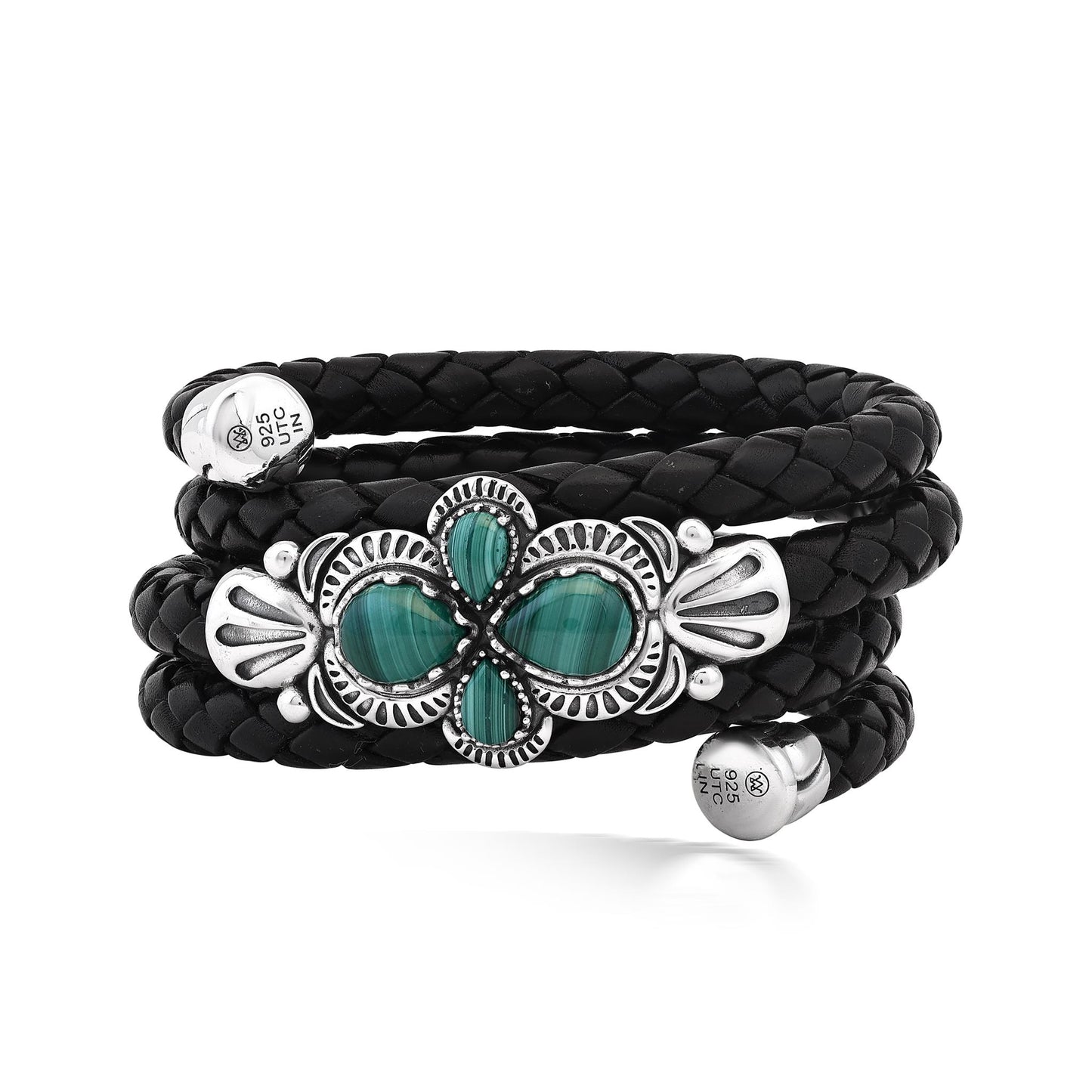  Sterling Silver Malachite Pear Cluster Black Leather Wrap Bracelet 