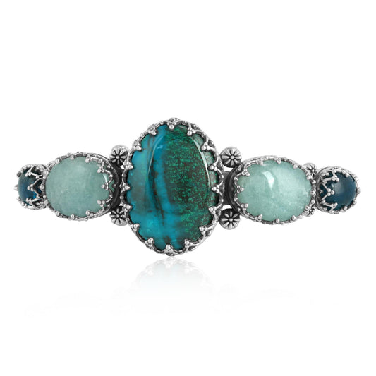 Sterling Silver Chrysocolla, Milky Aquamarine and Apatite Crown Detail Cuff Bracelet