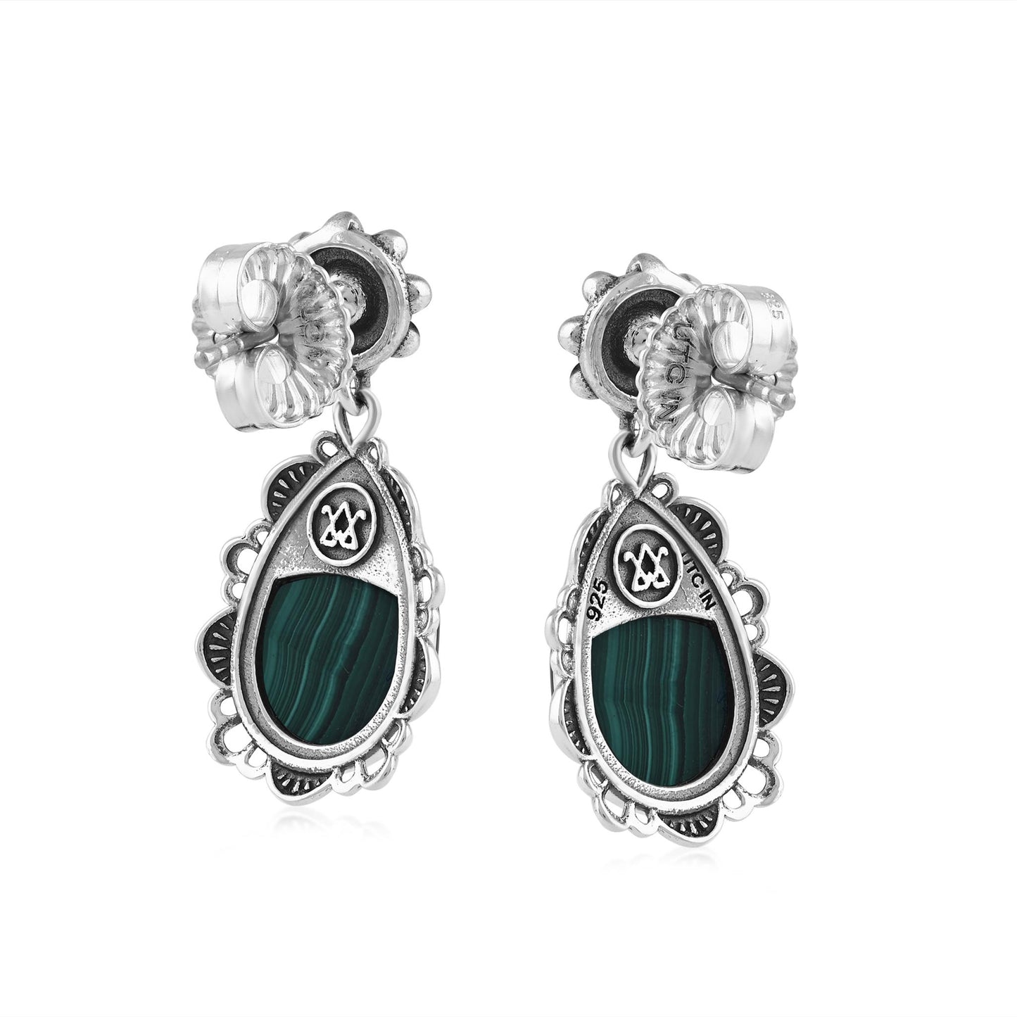  Sterling Silver Malachite Pear-Cut Concha Dangle Earrings