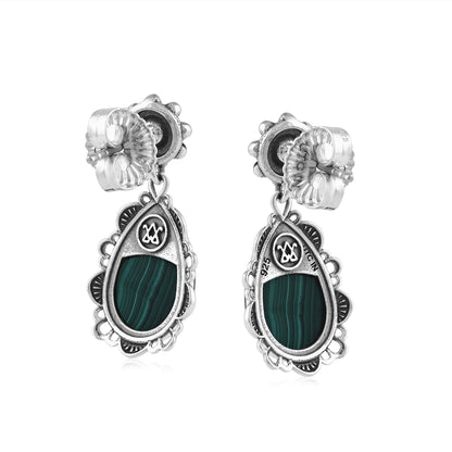  Sterling Silver Malachite Pear-Cut Concha Dangle Earrings