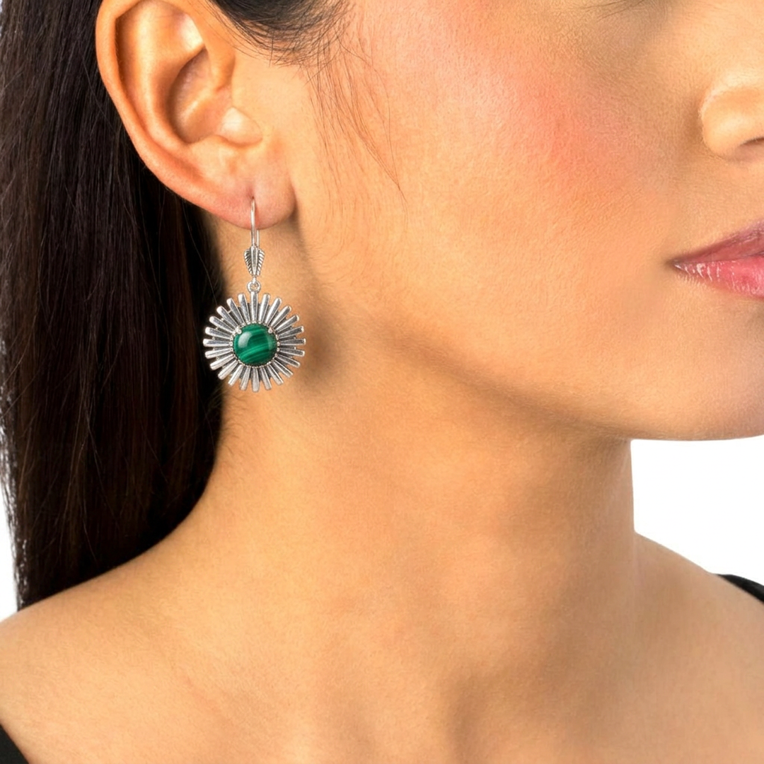  Sterling Silver Malachite Concha Ray Earrings