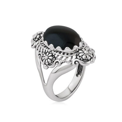  Sterling Silver Black Onyx Oval Scalloped Concha Ring