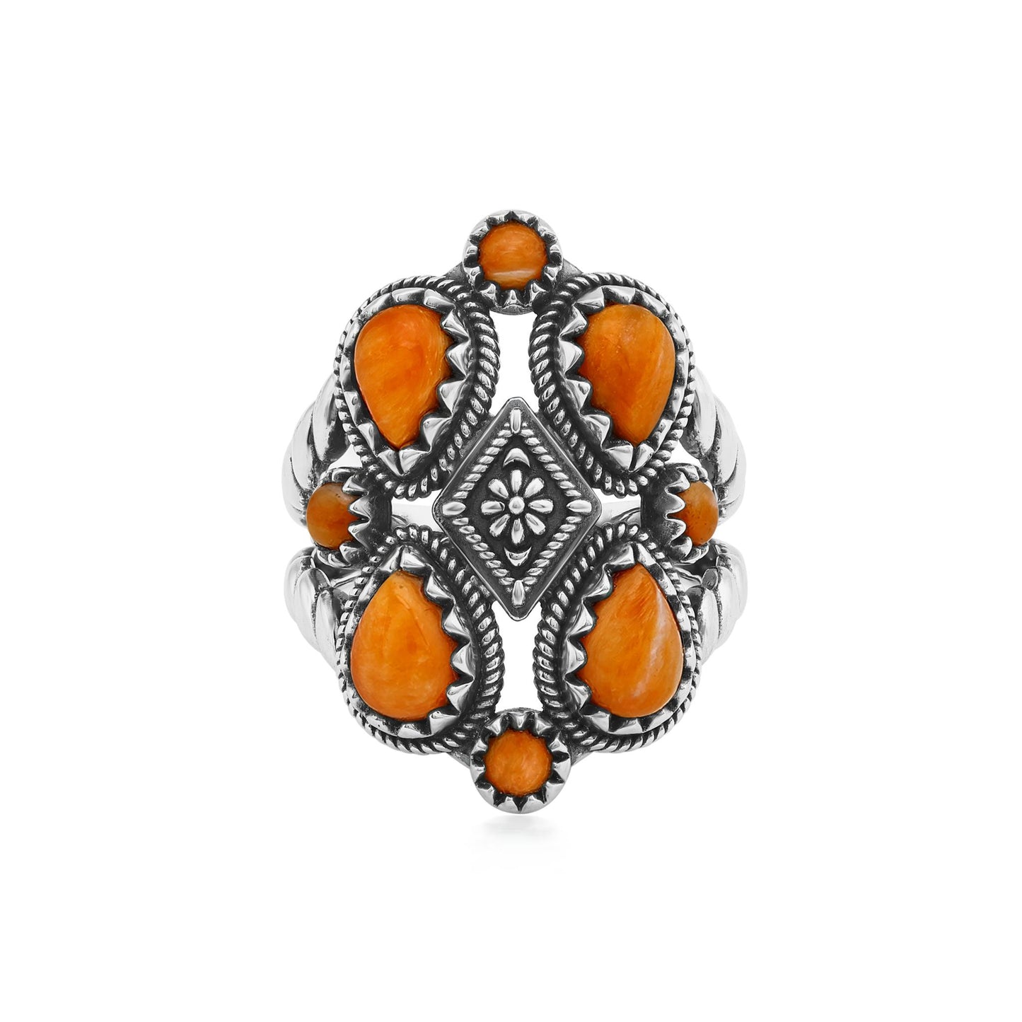 Sterling Silver Orange Spiny Oyster 4 Pear and Round Cut Cluster Ring