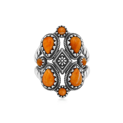 Sterling Silver Orange Spiny Oyster 4 Pear and Round Cut Cluster Ring