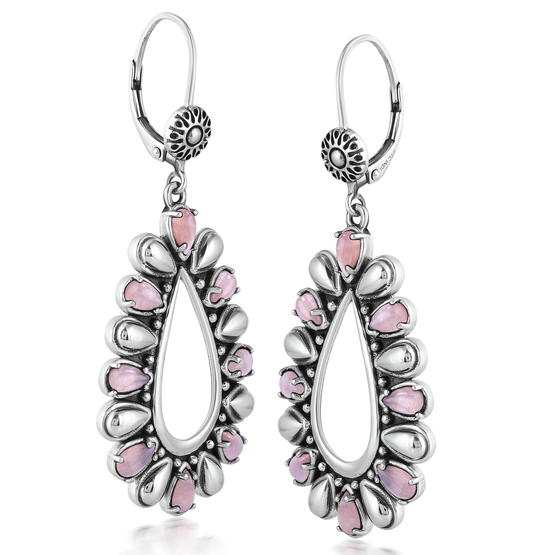 Sterling Silver Rhodochrosite Open Teardrop Pear-Cut Dangle Earrings