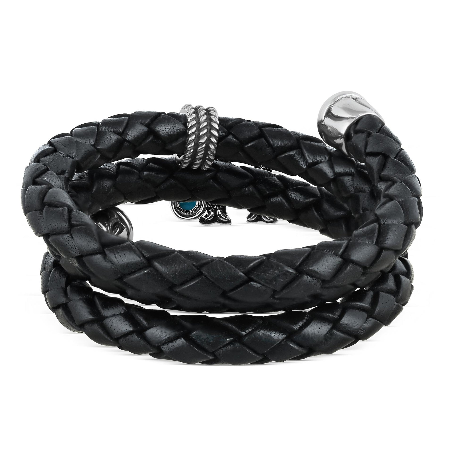 Sterling Silver Sleeping Beauty Turquoise Black Leather Initial "H" Coil Bracelet