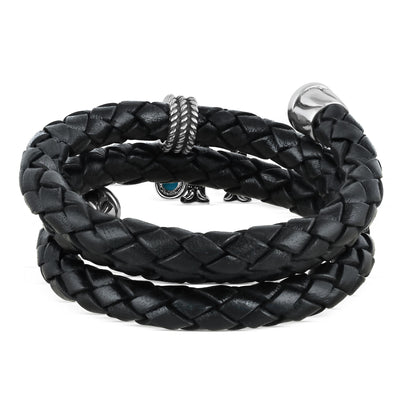 Sterling Silver Sleeping Beauty Turquoise Black Leather Initial "H" Coil Bracelet