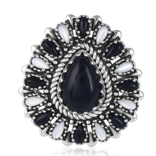LIMITED EDITION! Sterling Silver Black Onyx and White Mother of Pearl Pear-Shaped Cluster Ring