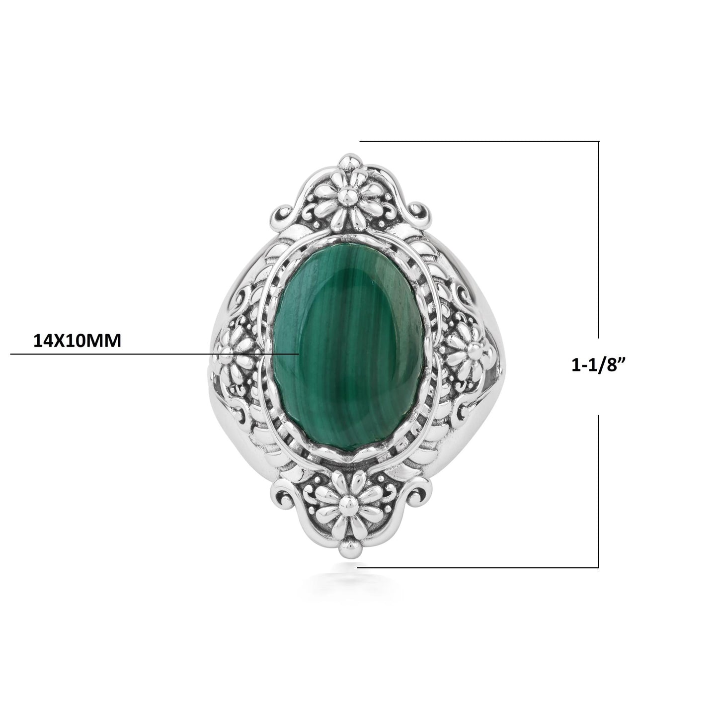  Sterling Silver Malachite Oval Scalloped Concha Ring