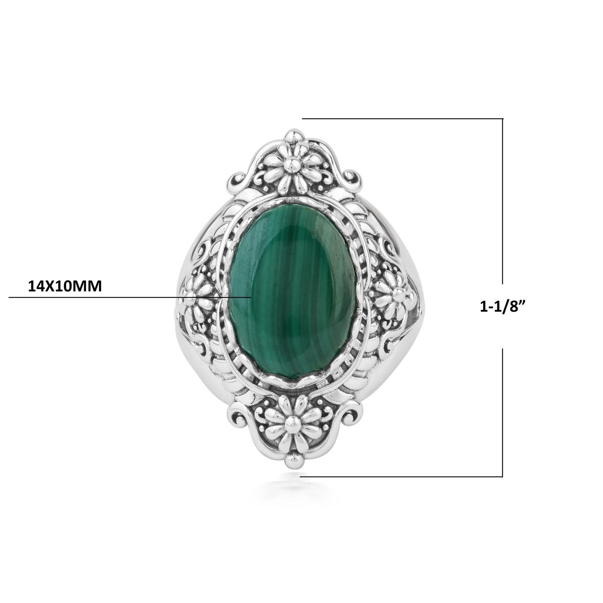  Sterling Silver Malachite Oval Scalloped Concha Ring