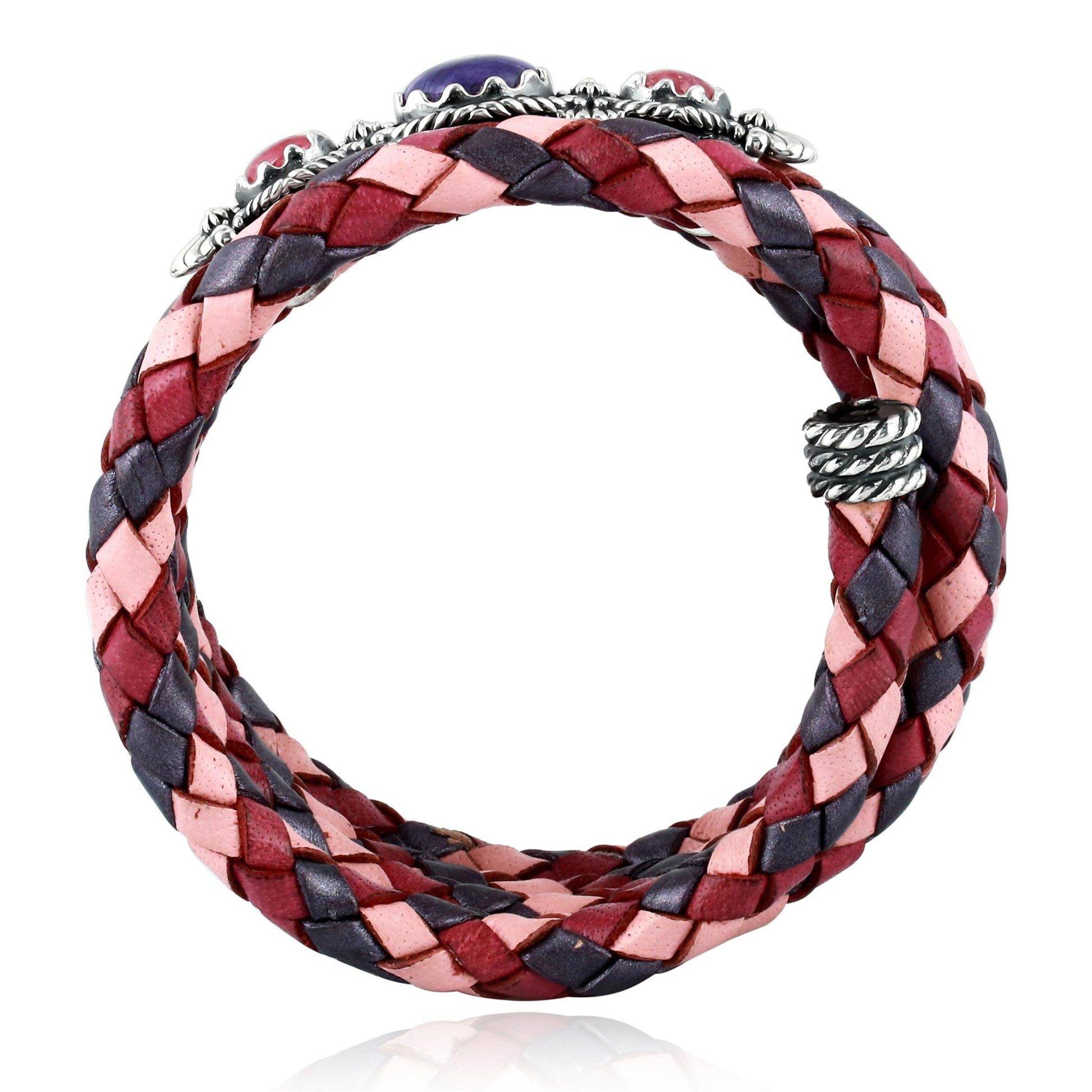 Sterling Silver Charoite and Rhodonite Pink Tonal Braided Leather Wrap Bracelet