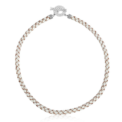 Sterling Silver Braided White Leather Toggle Necklace