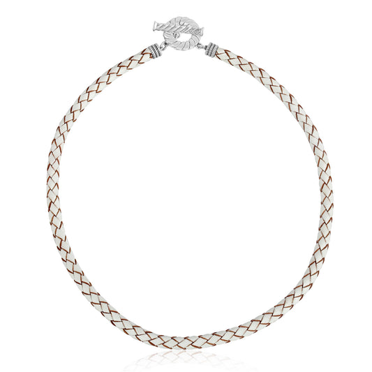 Sterling Silver Braided White Leather Toggle Necklace
