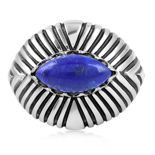 Sterling Silver Lapis Marquise Gemstone Ribbed Ring