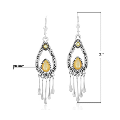 Sterling Silver Yellow Mother of Pearl Pear-Cut Lever Back Dangle Earrings
