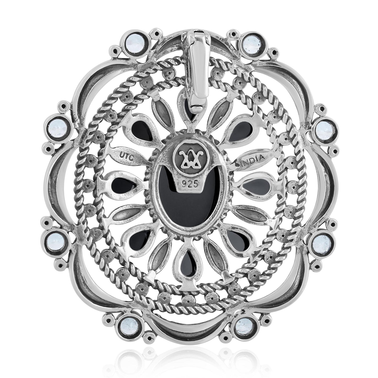 Sterling Silver Black Agate and White Topaz Oval Statement Pendant Enhancer