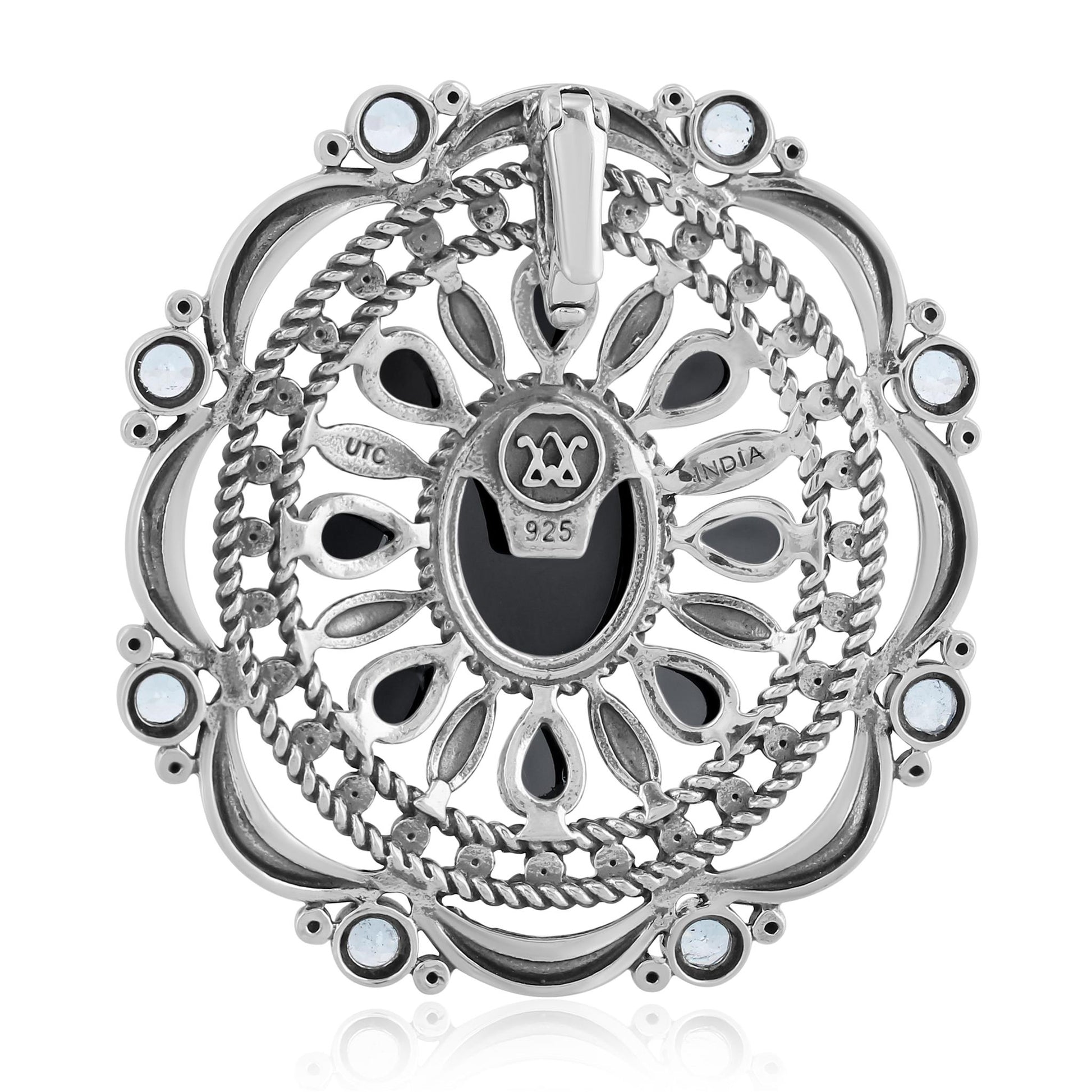 Sterling Silver Black Agate and White Topaz Oval Statement Pendant Enhancer